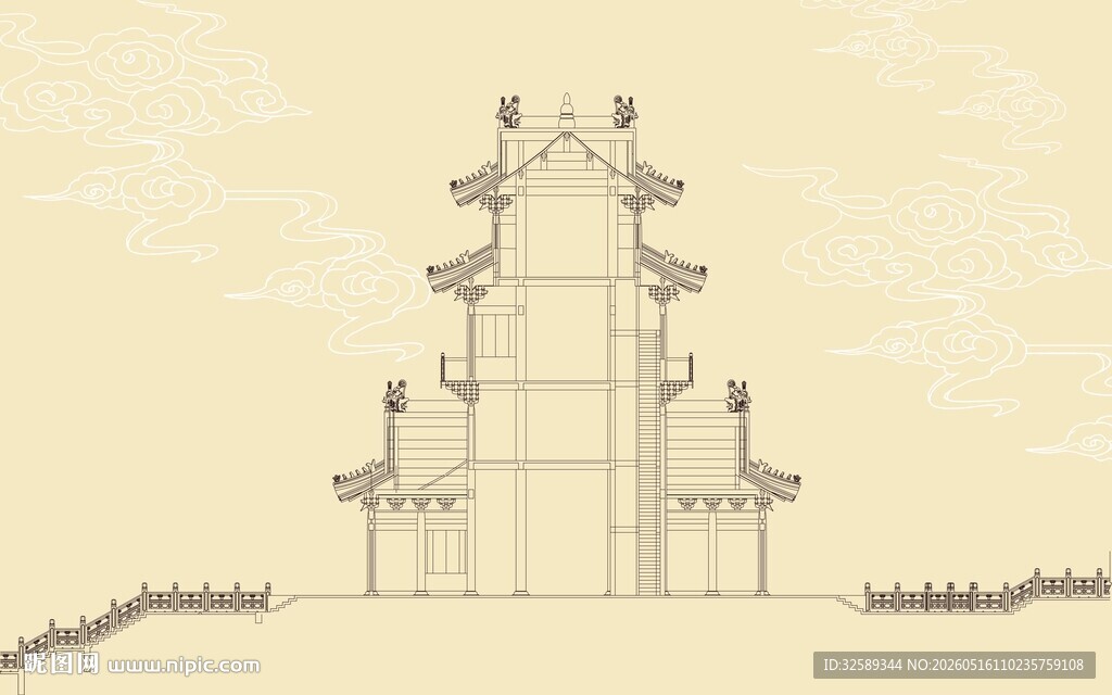 中式古建筑塔楼线稿图