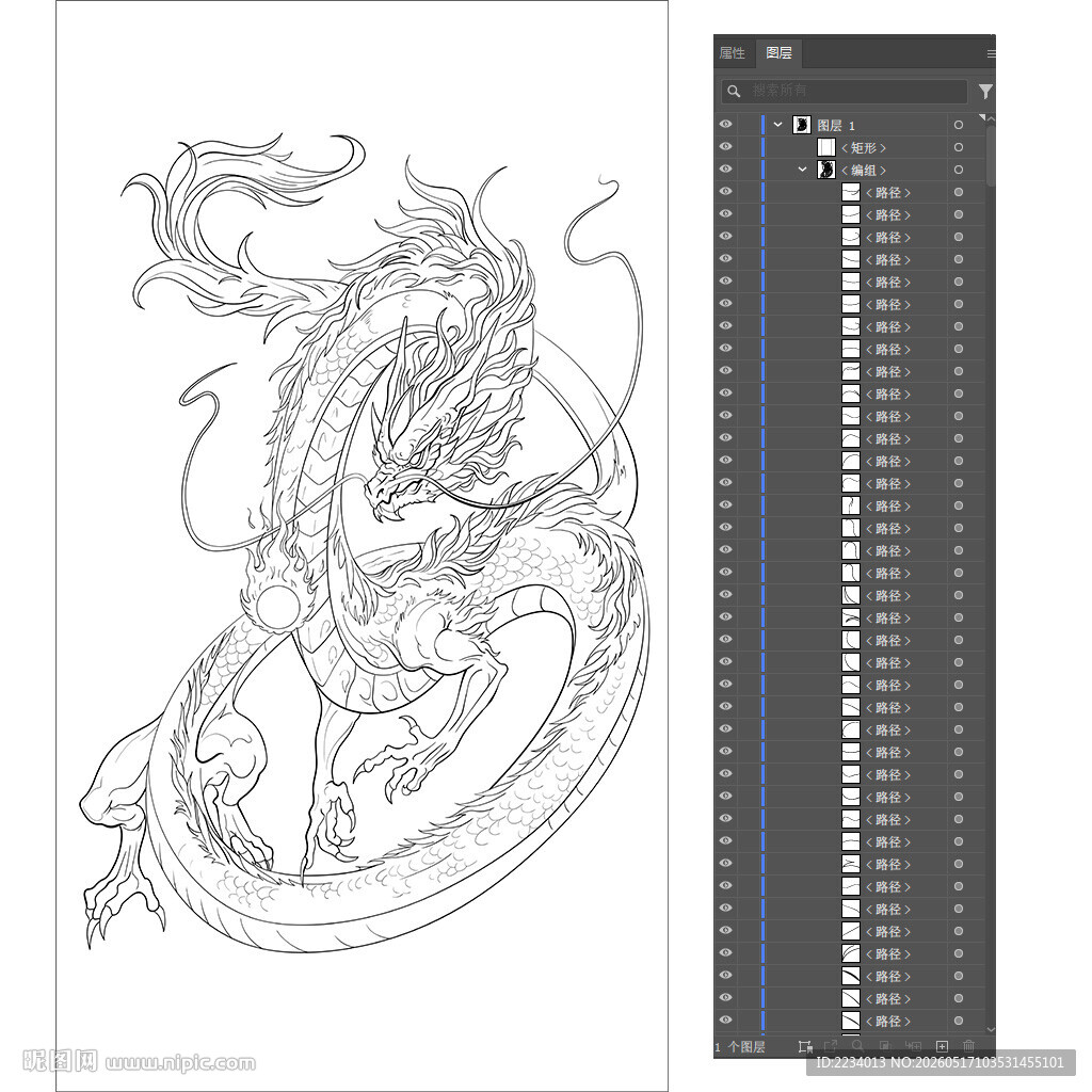 传统龙图案矢量线稿设计