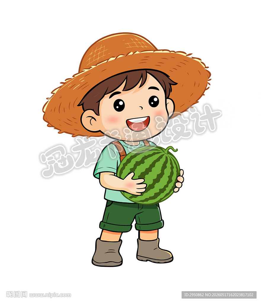 卡通瓜农戴草帽抱西瓜的可爱男孩