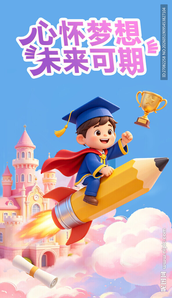 怀揣梦想的儿童乘铅笔飞翔 
