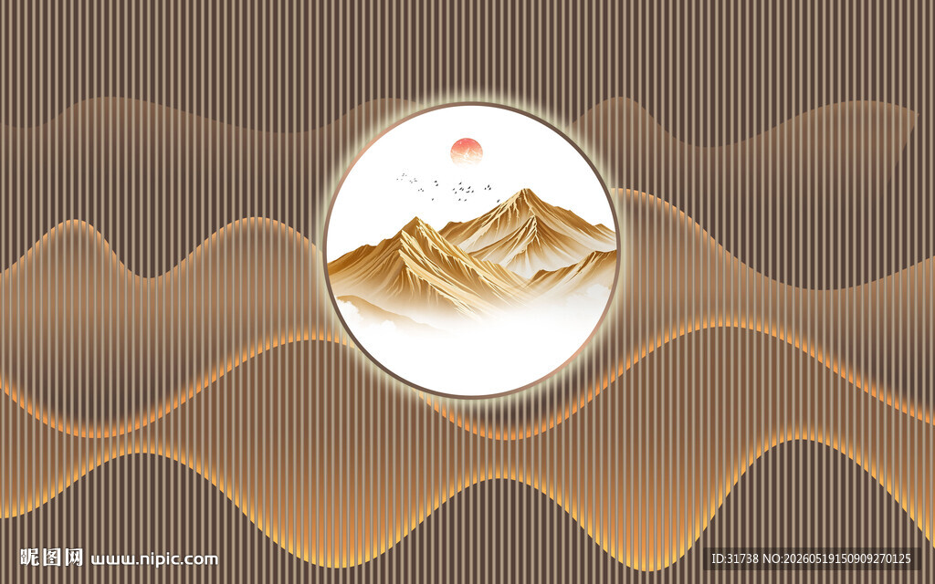 新中式格栅山水画背景壁纸