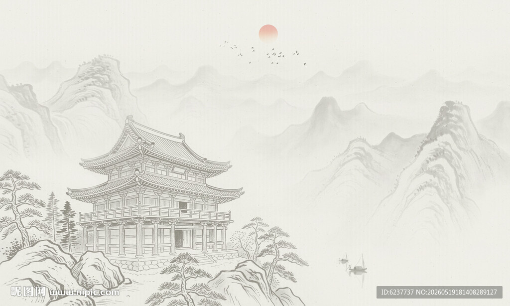 中国风古画山水画沙发电视背景墙