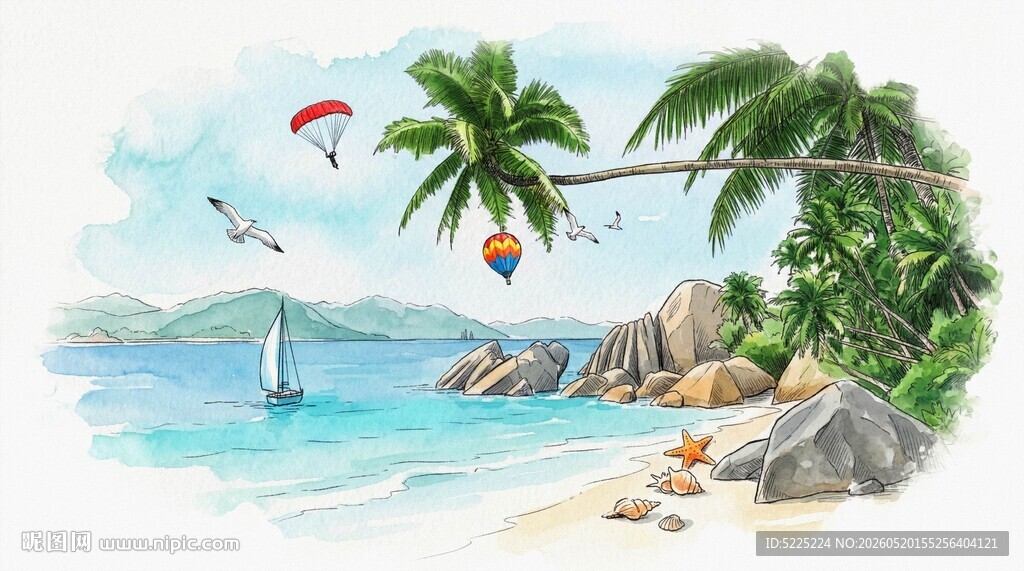 热带海岛水彩画