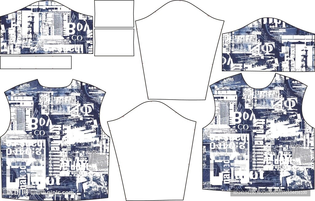 蓝白城市图案服装设计图