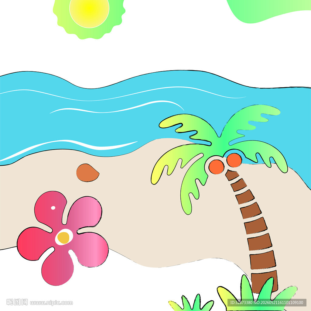 夏日沙滩上的花朵与椰树