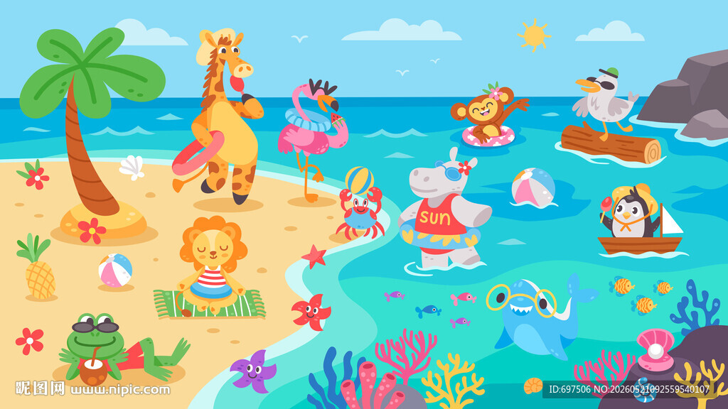卡通海滩可爱动物海洋儿童背景墙