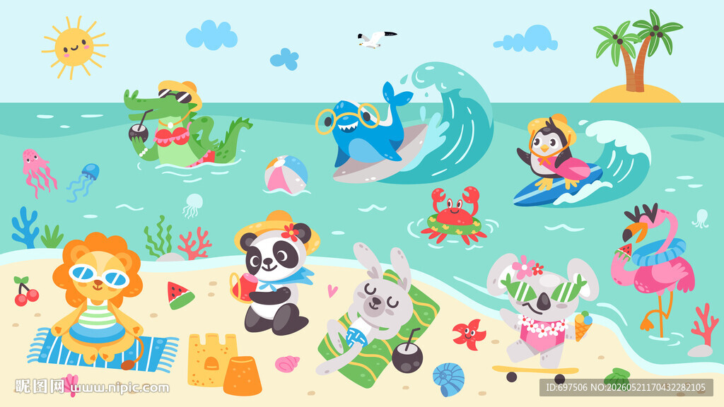 夏季卡通海滩欢乐小动物儿童背景