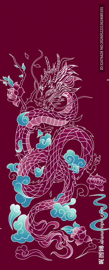 梦幻紫底龙形花卉图案