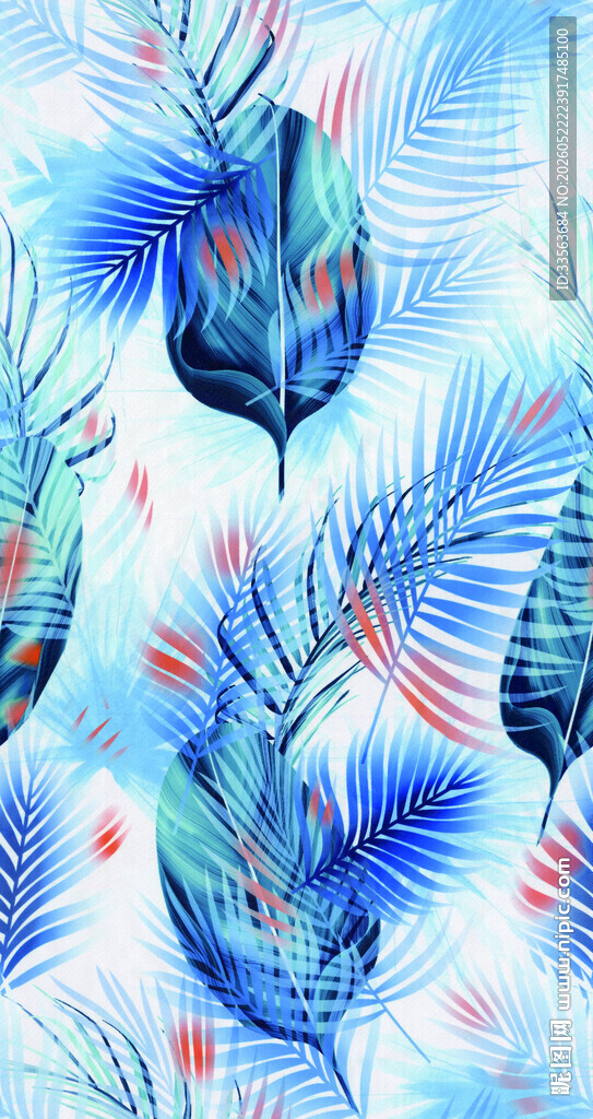 蓝调热带植物水彩图案