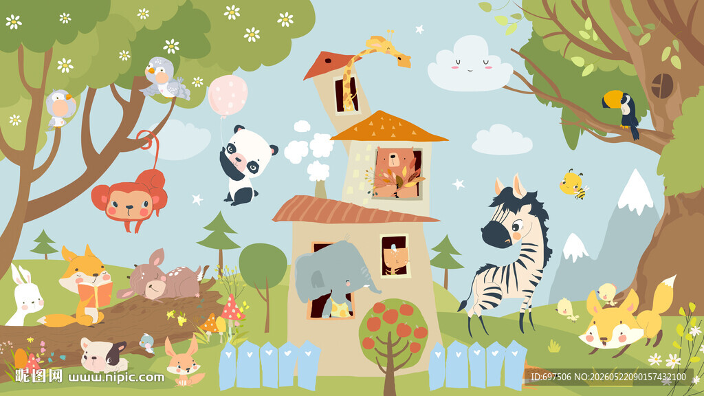 卡通森林小屋可爱动物儿童背景墙