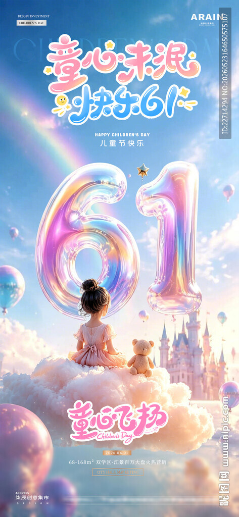 地产61儿童节粉色系天空海报