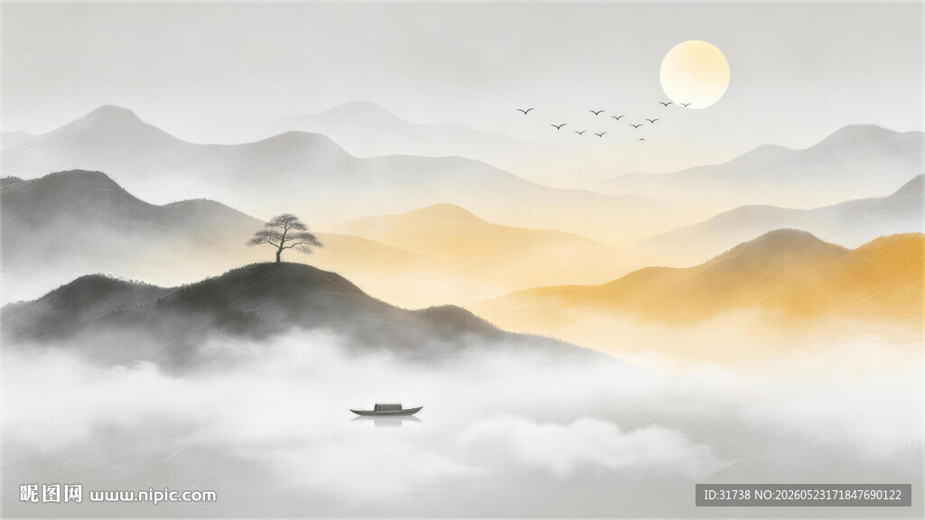 金色水墨山水意境背景墙