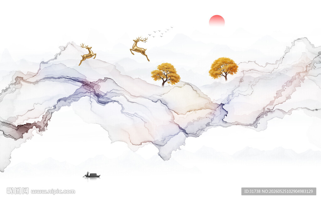 抽象水墨线条烟雾山水画