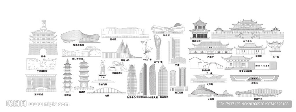 宁波城市建筑剪影景点