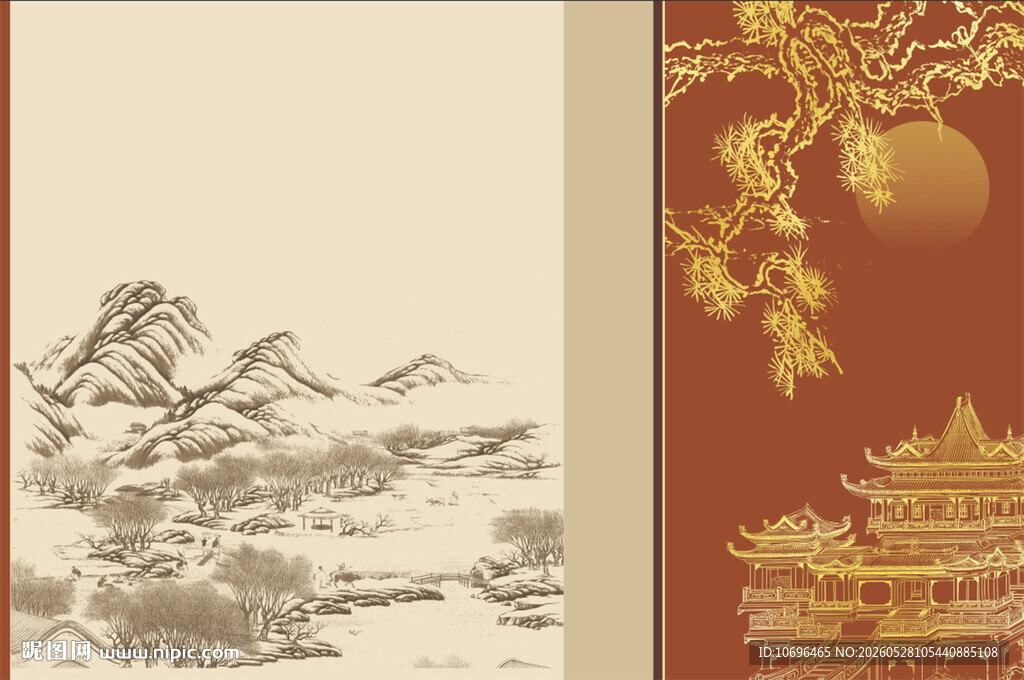 新中式线描山水阁楼背景墙