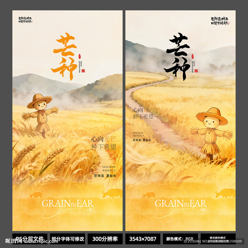 芒种节气海报 新中式水墨风稻草