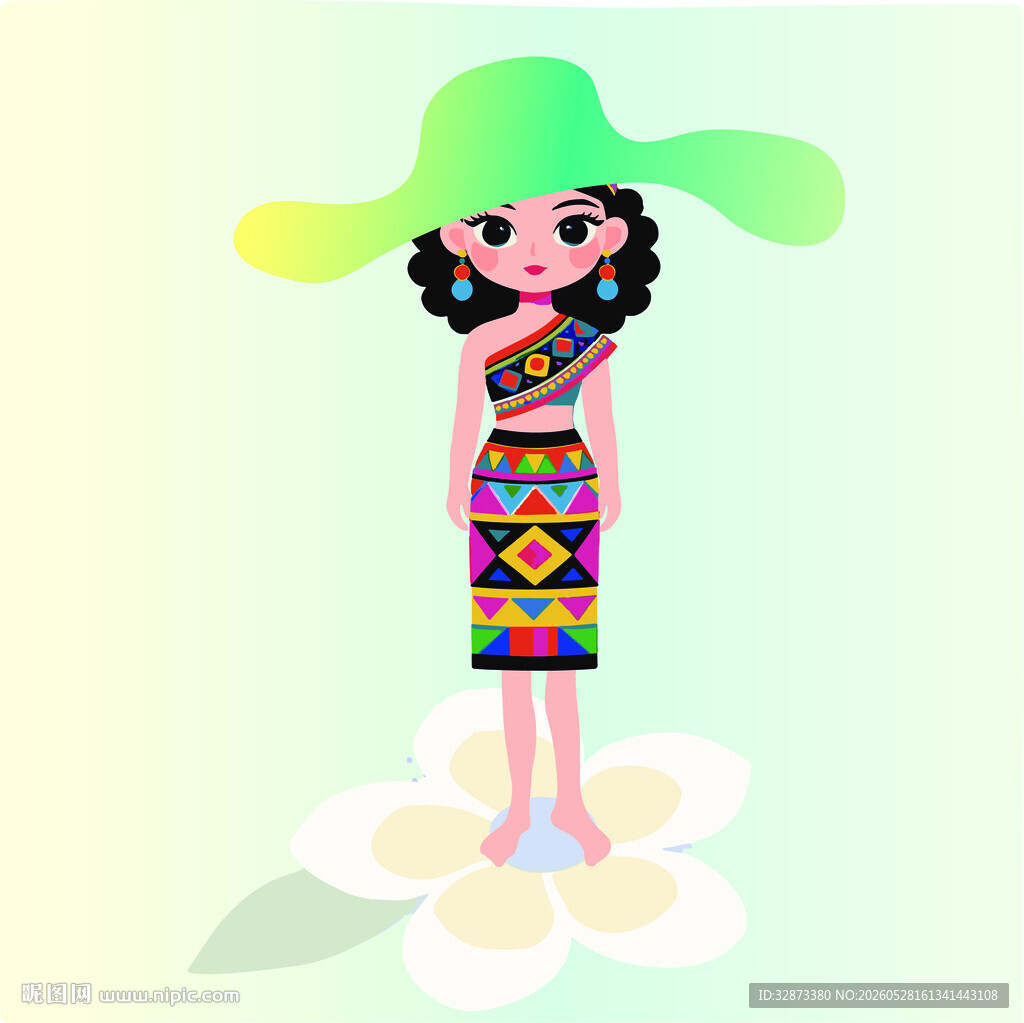 手绘插画东南亚服饰卡通女孩