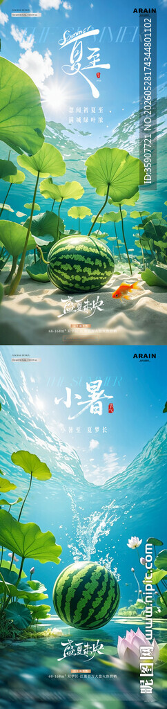 夏至小暑荷花西瓜风景海报