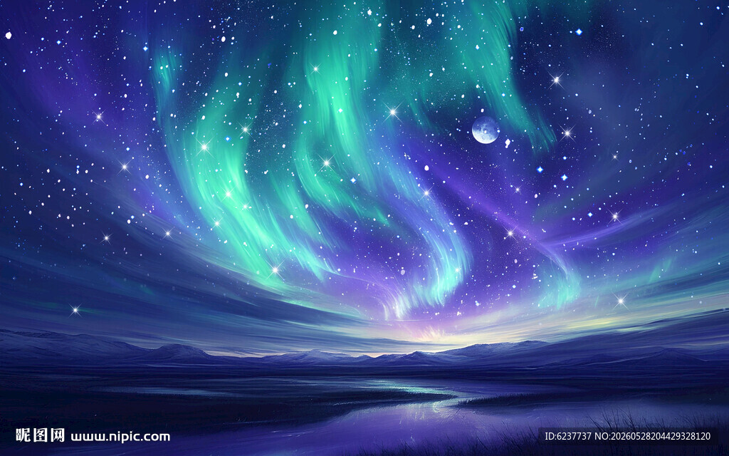 蓝绿极光星空