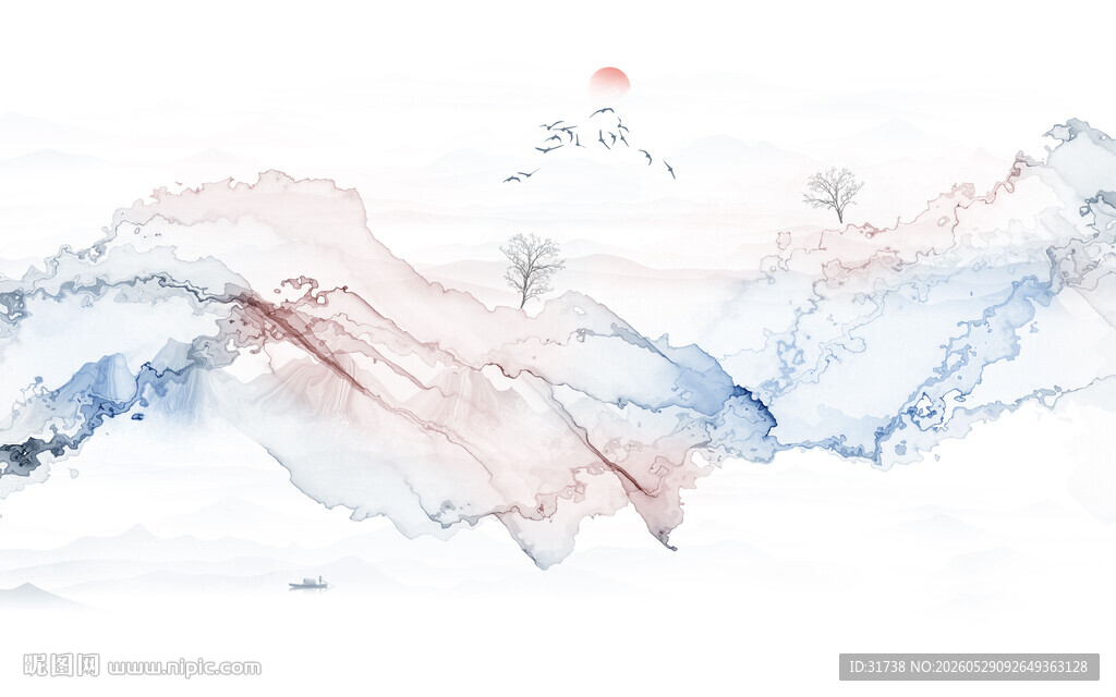抽象水墨线条烟雾山水画