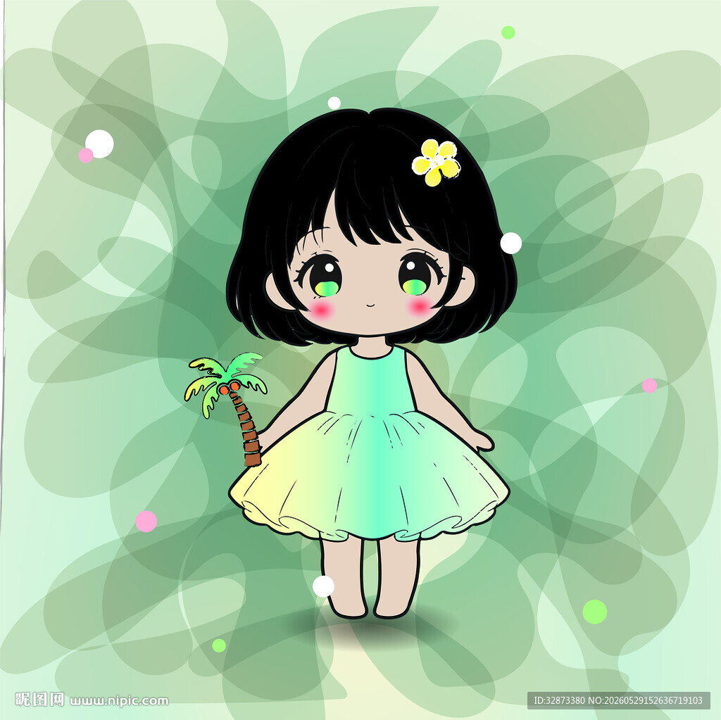 手绘卡通插画可爱绿裙小女孩