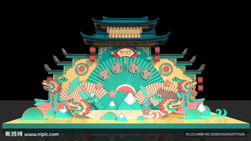 中式立体纸雕古建筑模型 端午