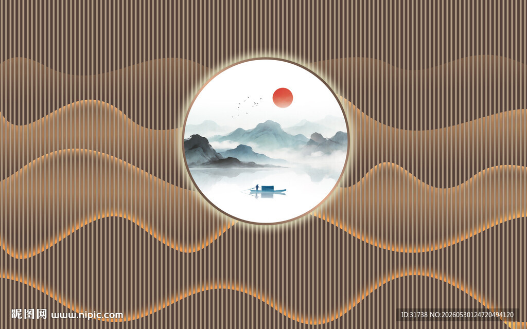 新中式水墨格栅山水画