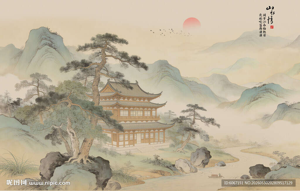 中式古风古典山水画背景墙