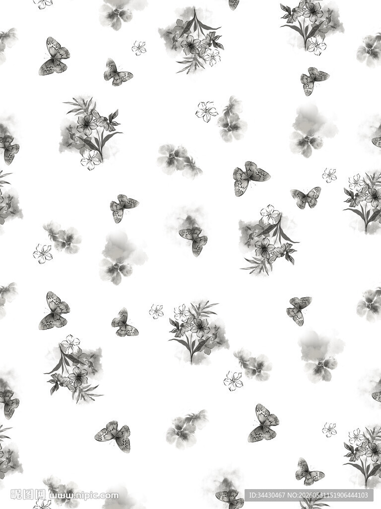 黑白花卉蝴蝶图案背景