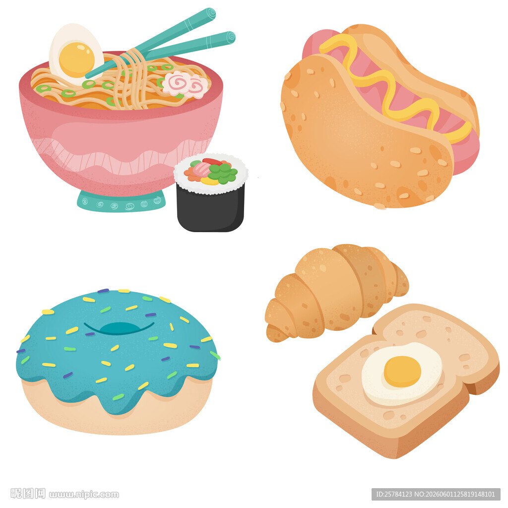 热狗寿司甜甜圈牛角包美食插画