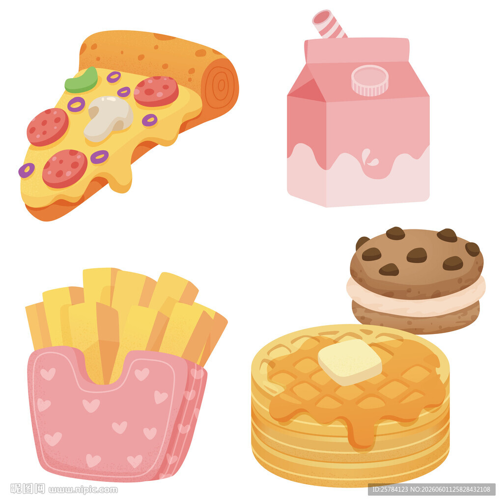 快餐披萨牛奶薯条华夫饼美食插画