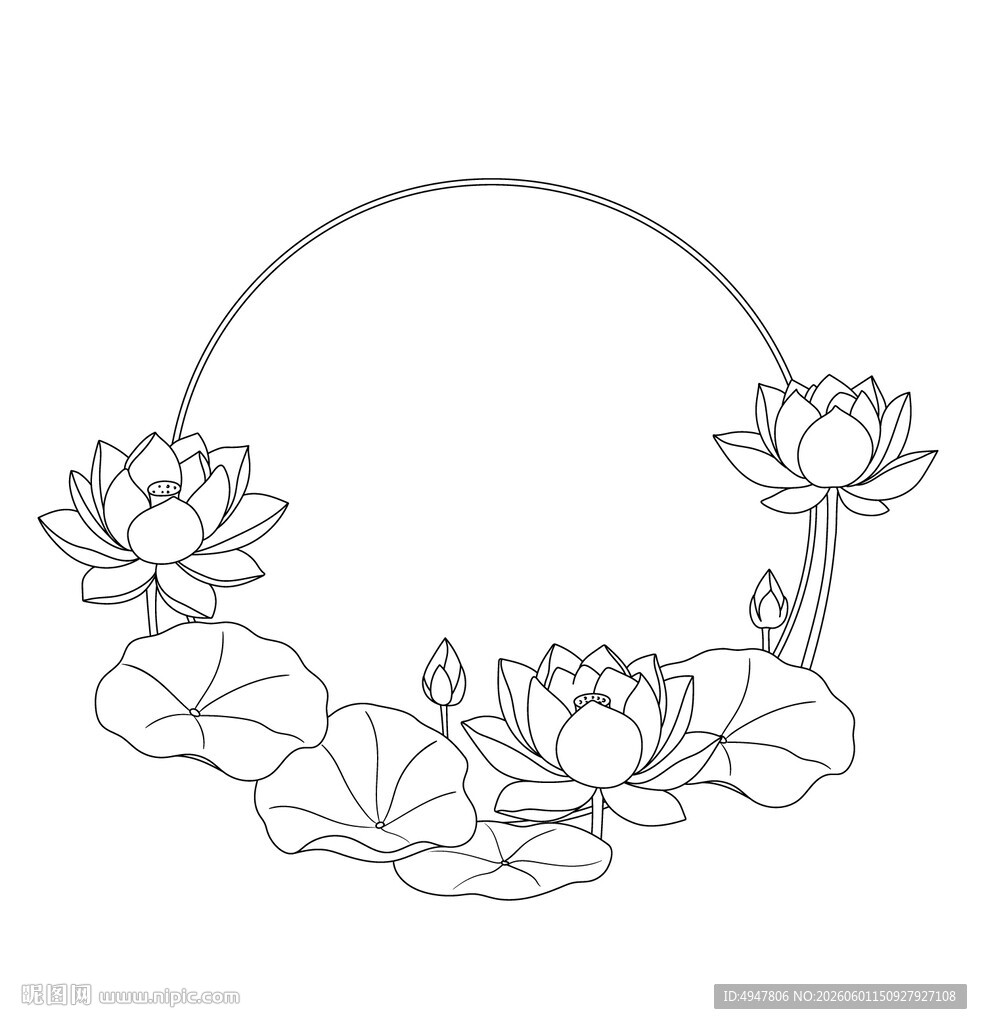 手绘荷花荷叶环形图案 矢量图