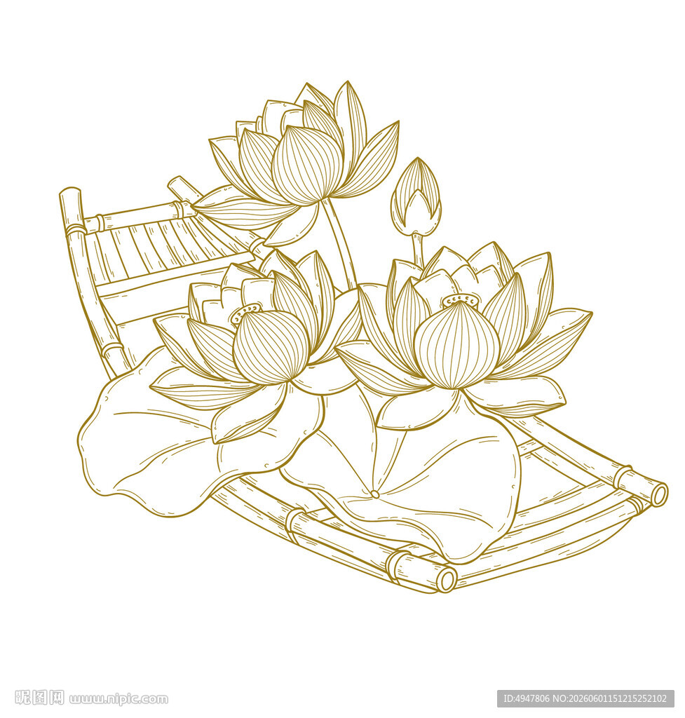 中式金线荷花插画图案 矢量图