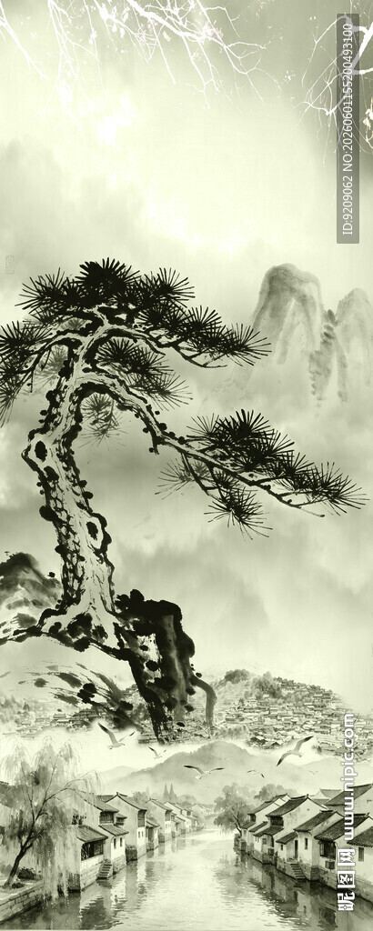 水墨山水间的孤松