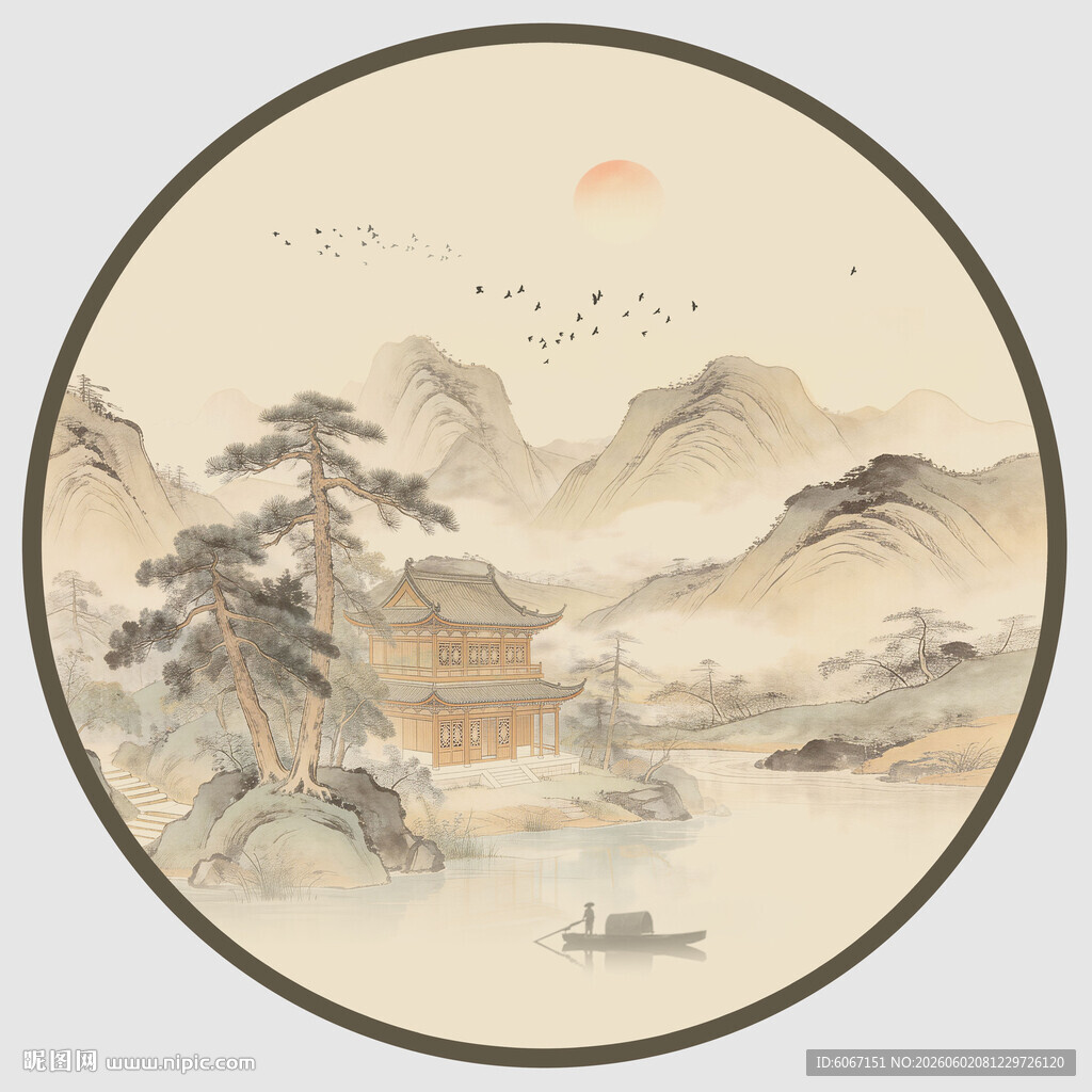 中式山水圆形国画意境图