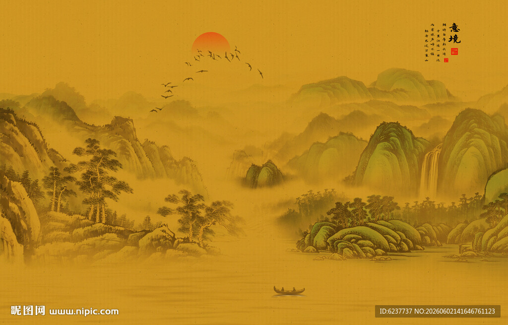 中式古风古典山水画背景墙