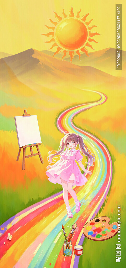 女孩在彩虹路上的梦幻绘画