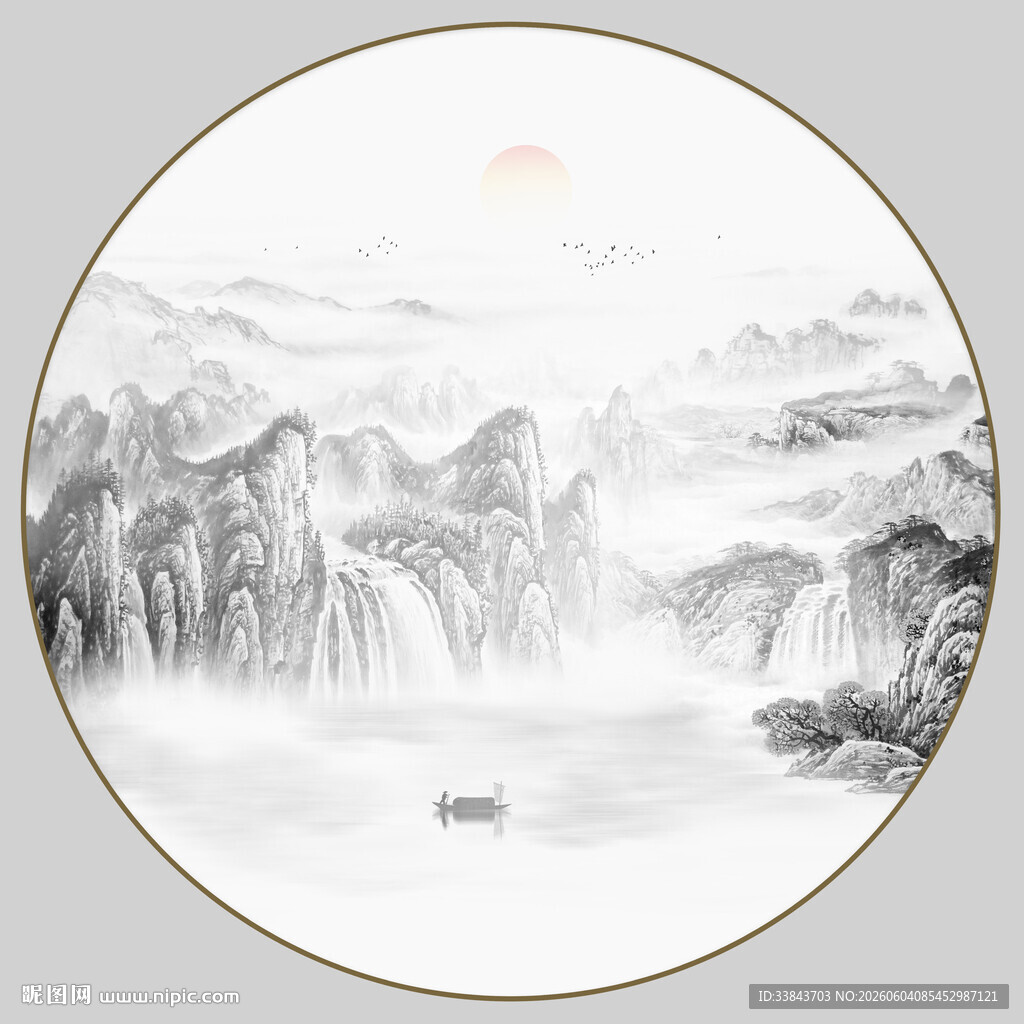 水墨山水圆形画作意境美
