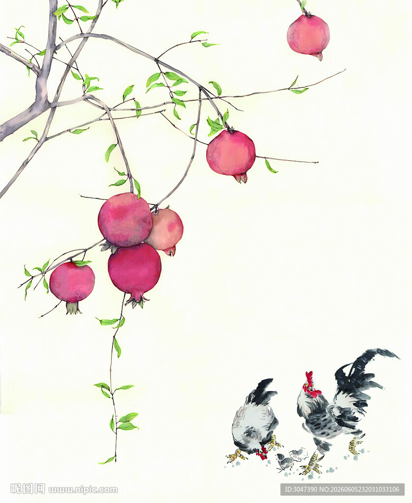 石榴树下的鸡群水墨画小鸡