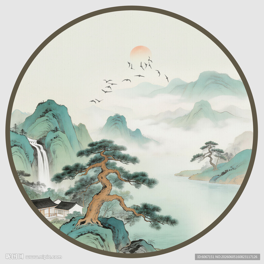 中式山水圆形迎客松装饰画