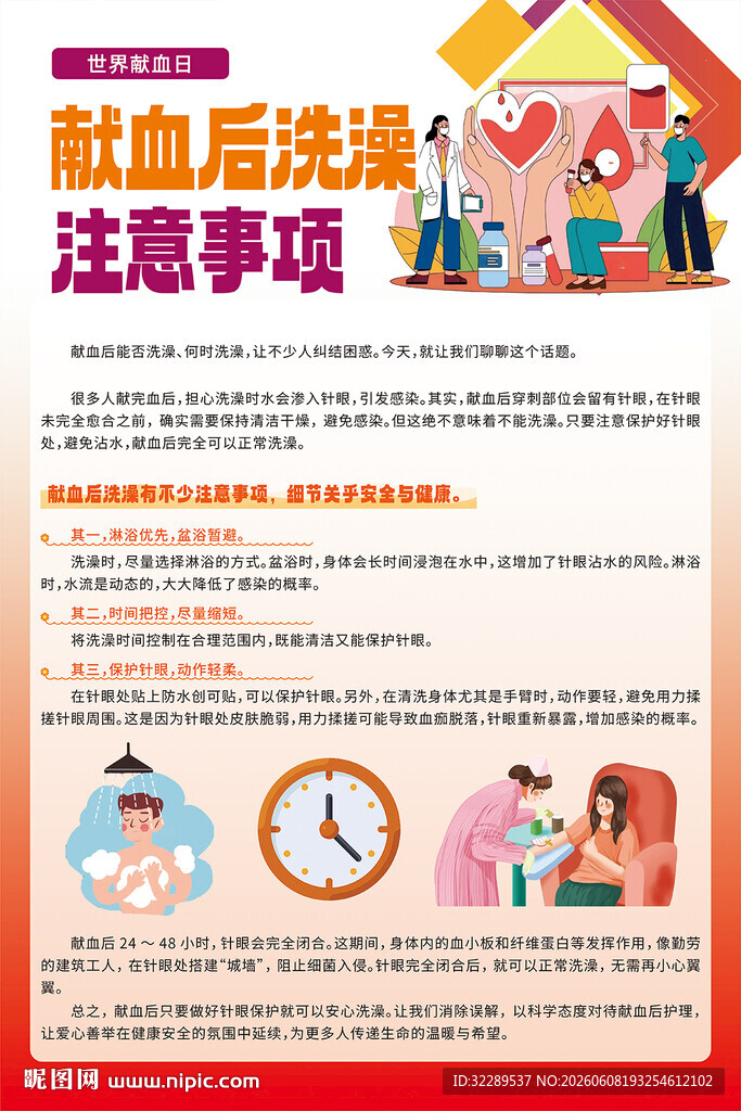 献血后洗澡注意事项海报