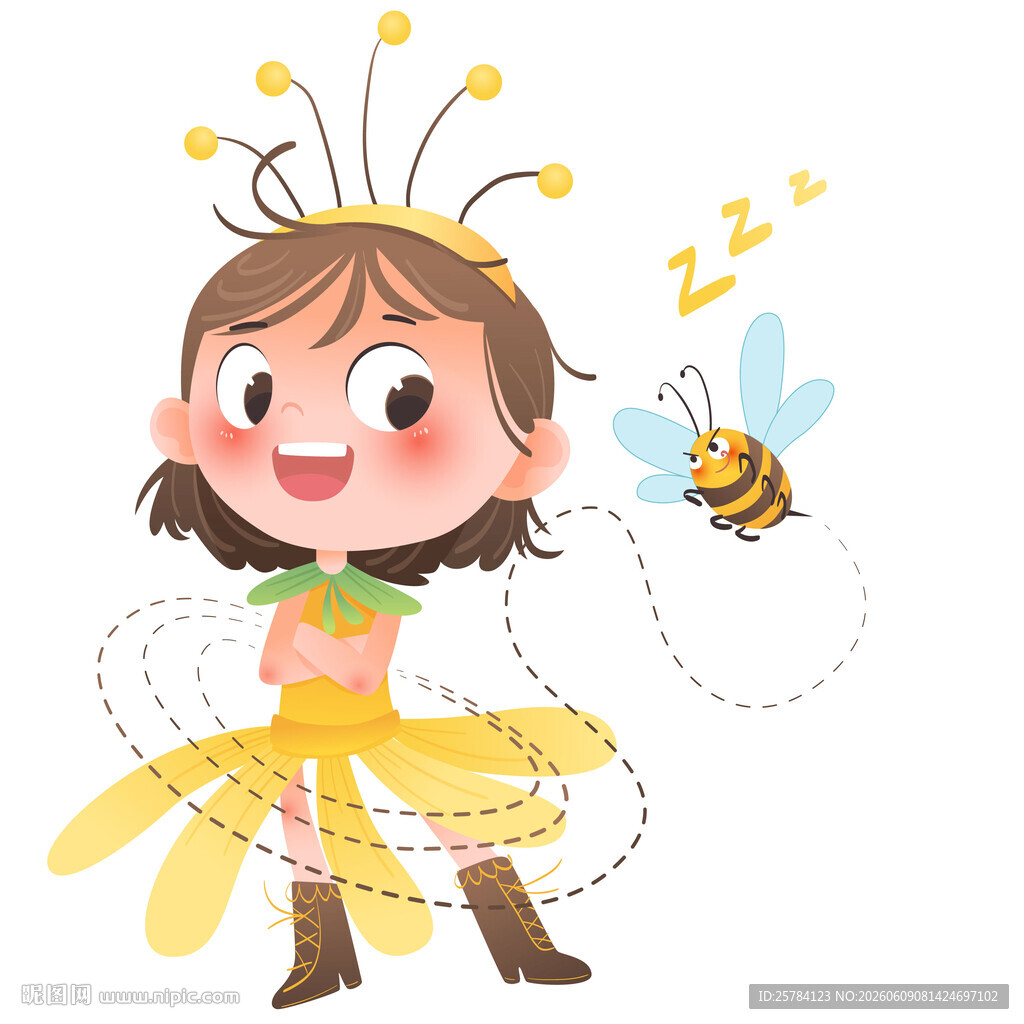 女孩小蜜蜂穿花朵裙子玩耍插画