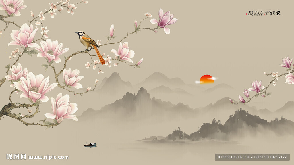 新中式玉兰花鸟画背景墙壁画