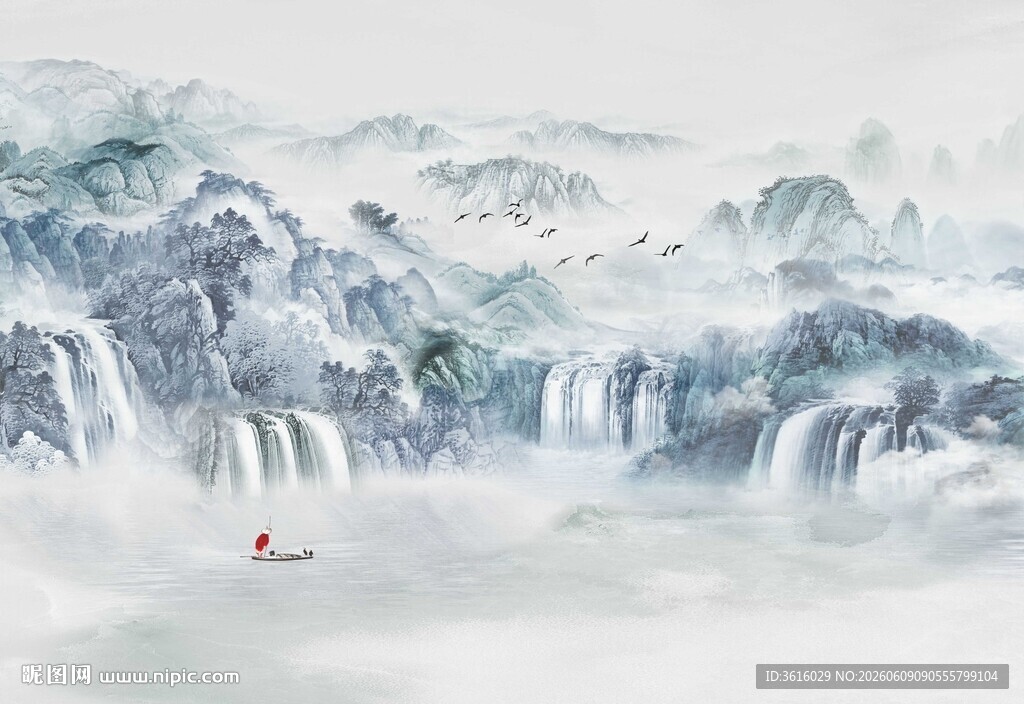 水墨山水间孤舟泛江景装饰画背景