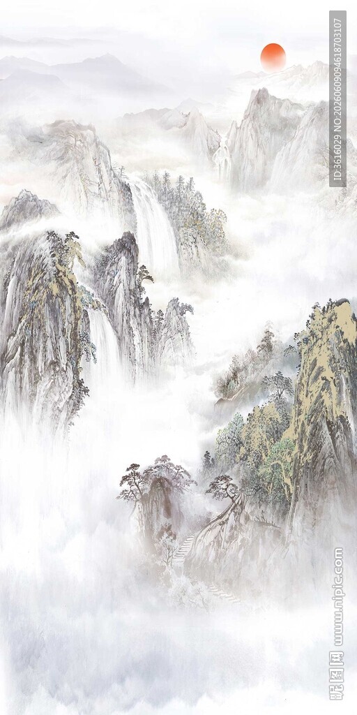 水墨山水间的日出盛景新中式背景