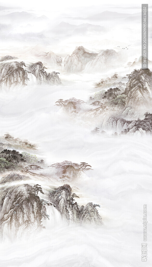水墨群山云雾缭绕图挑高背景