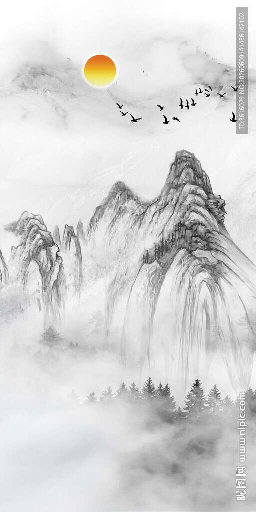 水墨山水间的日出美景山脉背景