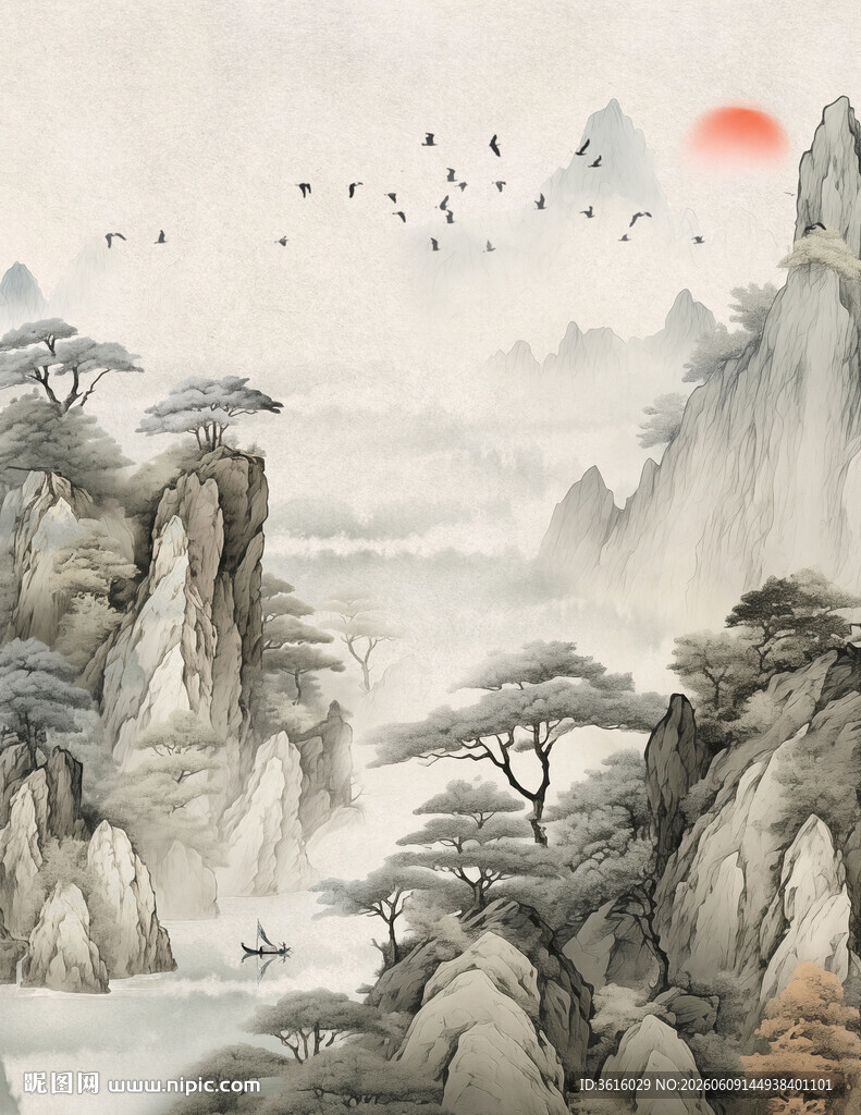 水墨山水间的诗意景致装饰背景墙