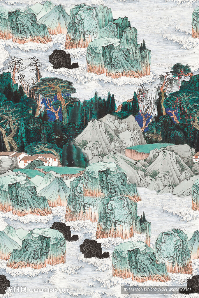 中式山水自然人物图案纹理背景
