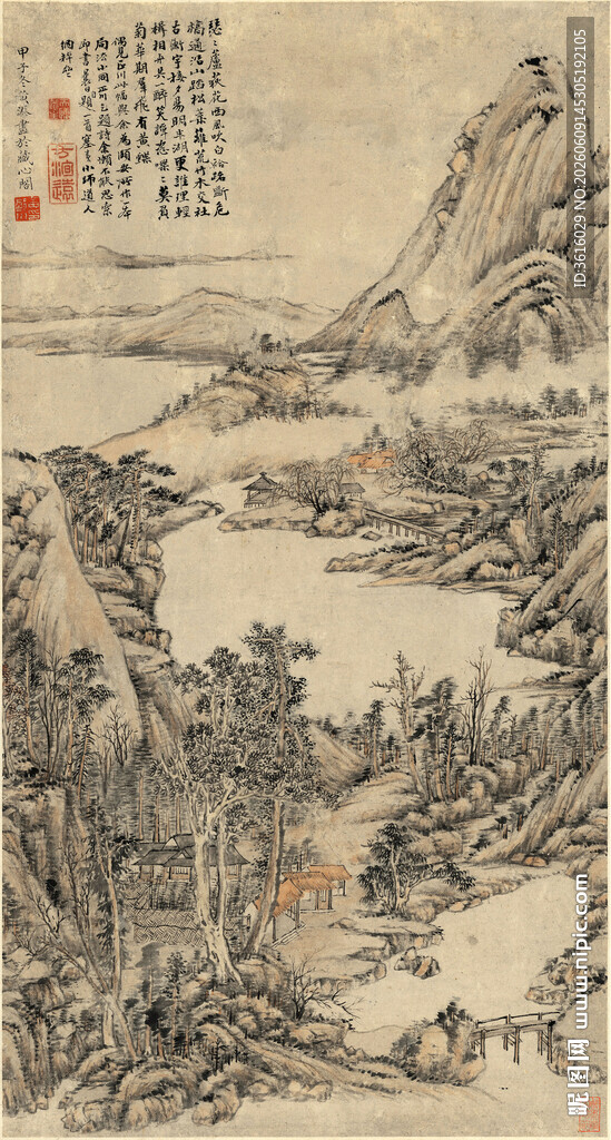 古代山水画卷景水墨装饰画